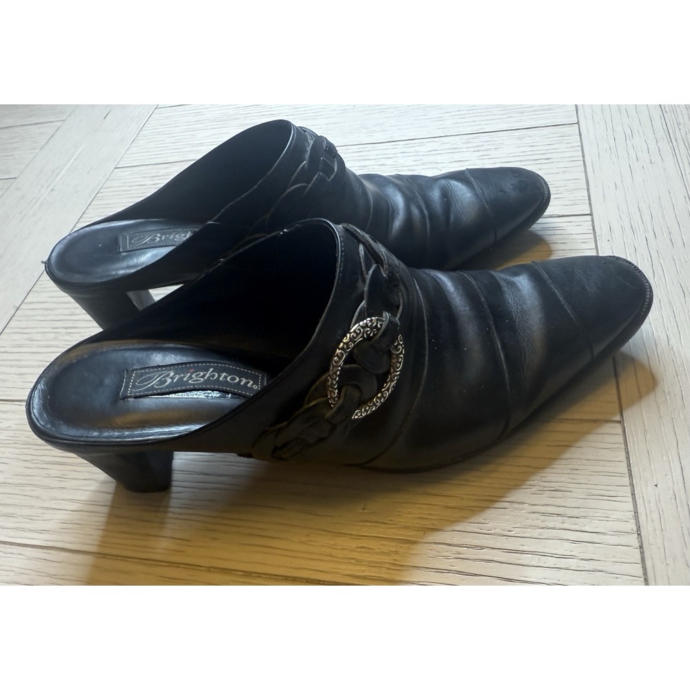 Brighton Heeled Tamia Booties Mules Slides Black Leather Silver Buckle 2" Heel 8